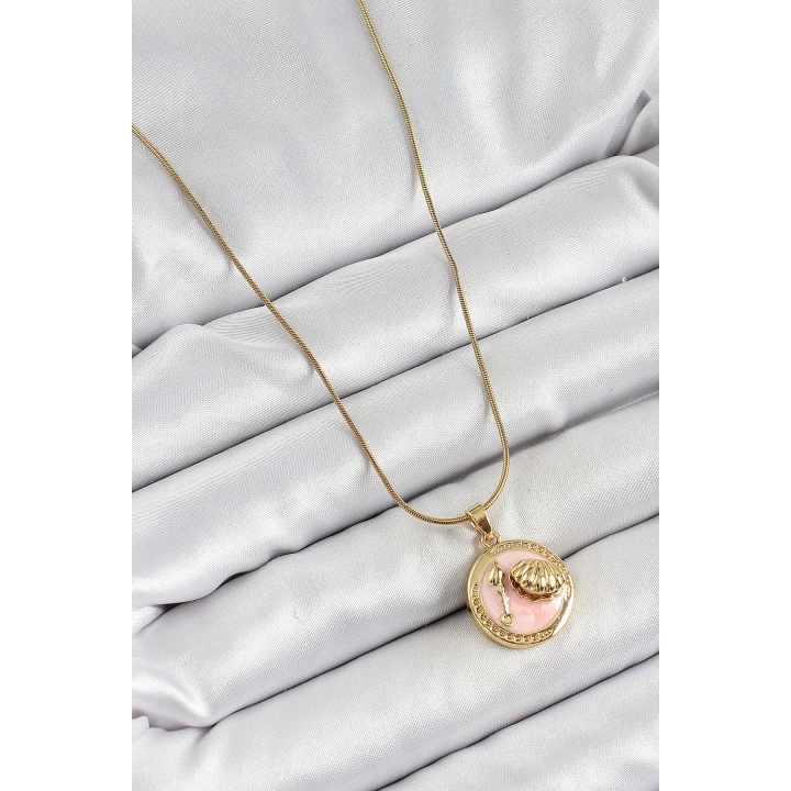 BFS 316L Çelik Zincir Pembe Mineli Sanatsal Portre İstiridye Model Gold Renk Kadın Kolye