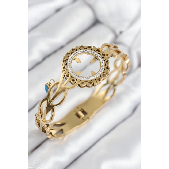 BFS 316L Çelik Zirkon Taşlı Çeyrek Takılabilir Gold Renk Kelepçe