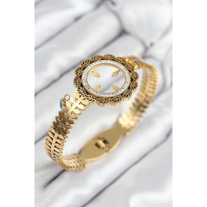 BFS 316L Çelik Zirkon Taşlı Çeyrek Takılabilir Gold Renk Kelepçe