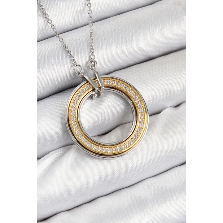 BFS 316L Çelik Zirkon Taşlı Dönen Daire Model Gold Ve Gümüş Renk Kadın Kolye