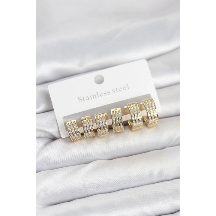 BFS 316L Çelik Zirkon Taşlı Gold Halka Küpe Seti
