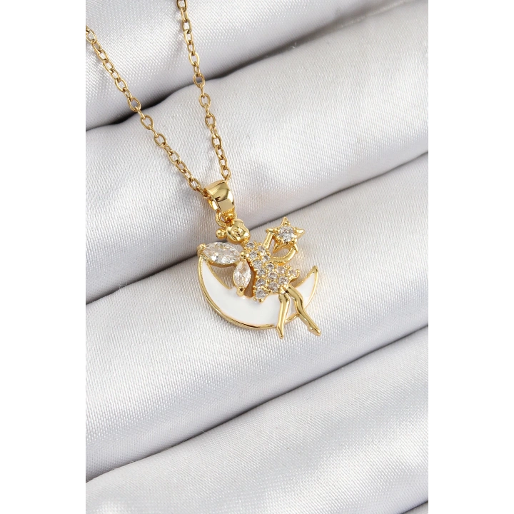 BFS 316L Çelik Zirkon Taşlı Hilal Melek Model Gold Renk Kadın Kolye