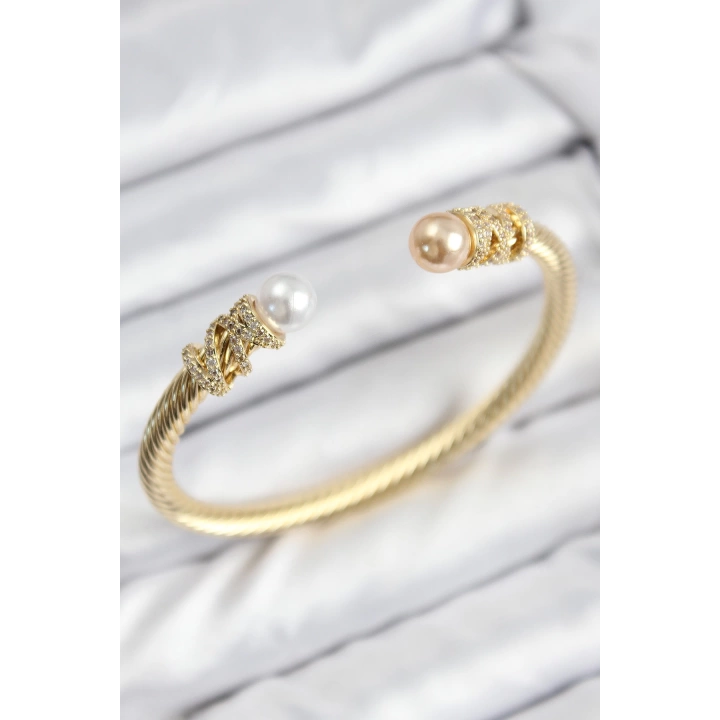 BFS 316L Çelik Zirkon Taşlı İnci Model Gold Renk Kadın Bileklik
