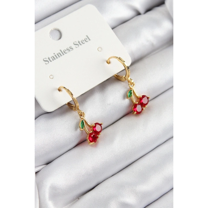 BFS 316L Çelik Zirkon Taşlı Sallantılı Kiraz Model Gold Renk Kadın Küpe
