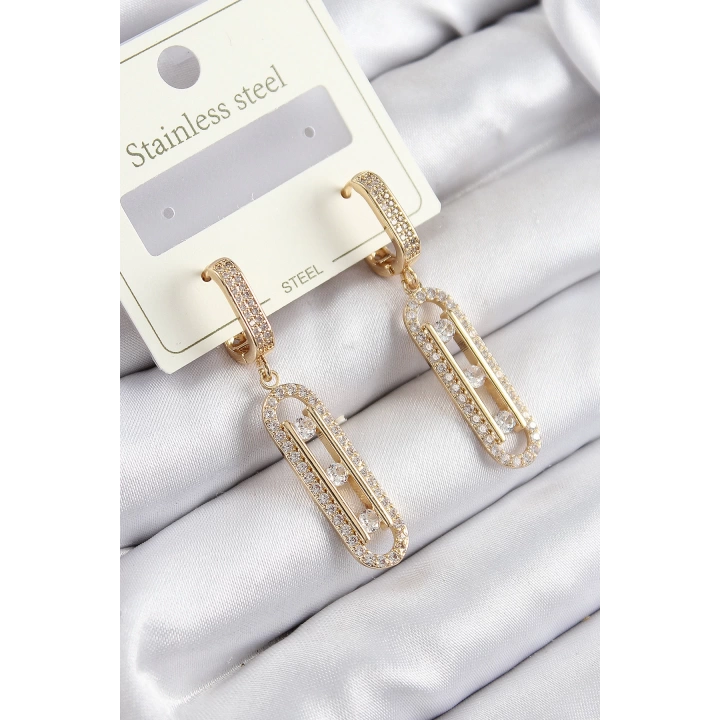 BFS 316L Çelik Zirkon Taşlı Sallantılı Messika Model Gold Renk Kadın Küpe