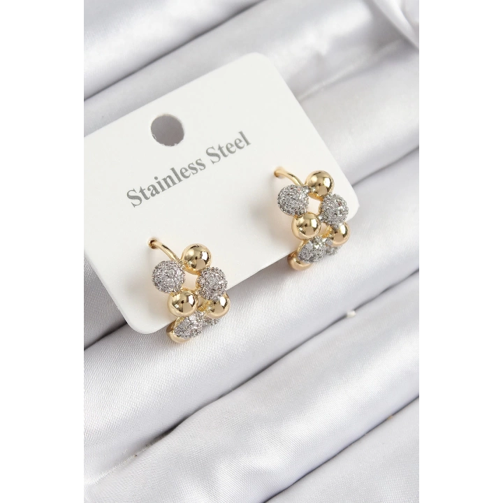 BFS 316L Çelik Zirkon Taşlı Topçuk Halka Model Gold Ve Gümüş Renk Kadın Küpe
