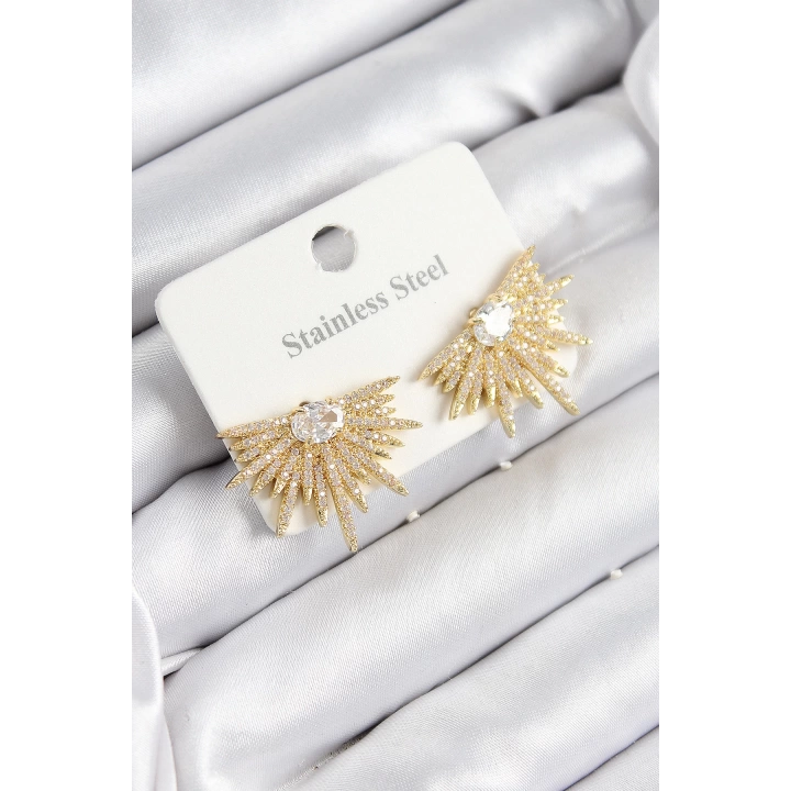 BFS 316L Çelik Zirkon Taşlı Yelpaze Model Gold Renk Kadın Küpe