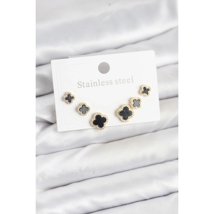 BFS 316L Çelik Zirkon Taşlı Yonca Model Kadın Küpe Seti