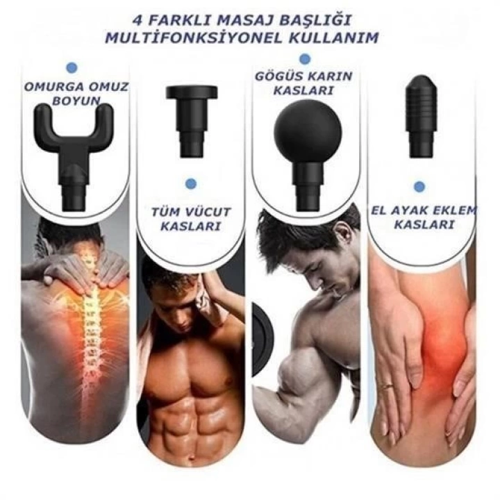 BFS  4 Başlıklı 6 Seviye Hız Ayarlı Vurmalı Kas Yoğurmalı Titreşimli Masaj Tabancası Aleti