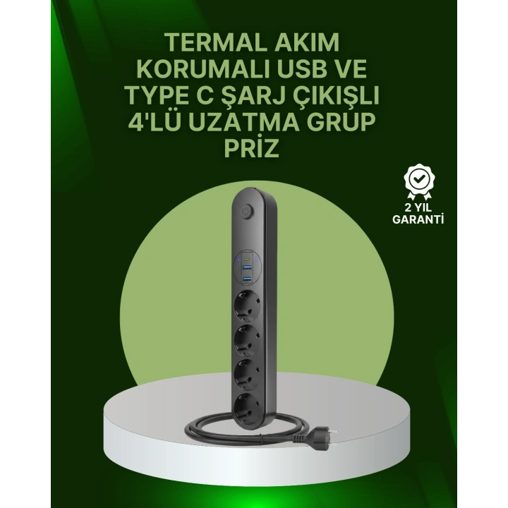 BFS 4 Priz 2 USB 1 Type-C Akım Korumalı Çoklu Priz Led Anahtarlı