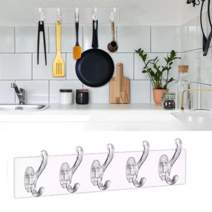 BFS  5li Güçlü Yapışkanlı Şeffaf Duvar Askısı Banyo Mutfak Düzenleyici Pratik Askılık