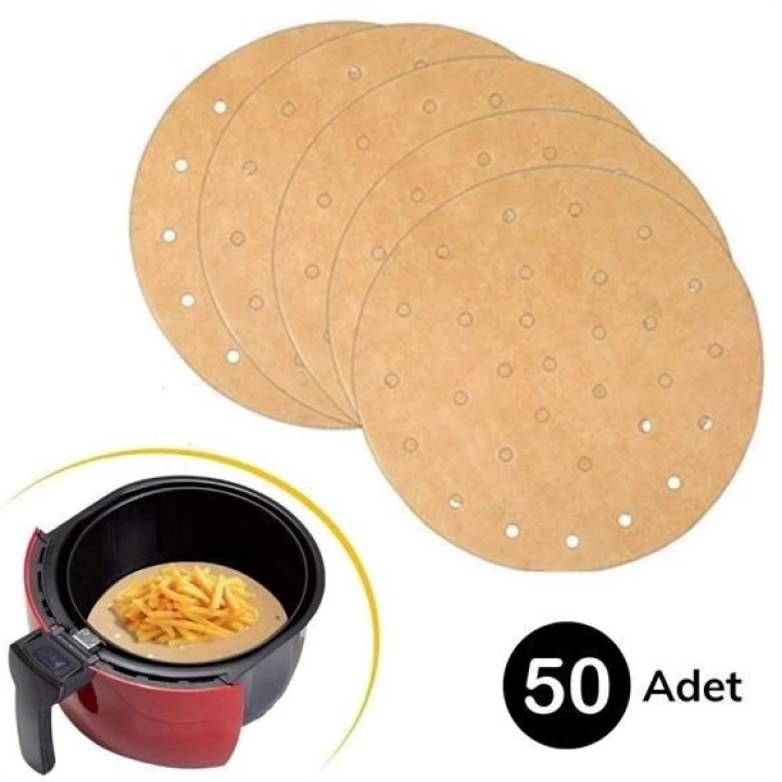 BFS  50 Adet Air Fryer Pişirme Kağıdı Tek Kullanımlık Gıda Pişirme Kağıdı Delikli Yuvarlak Model