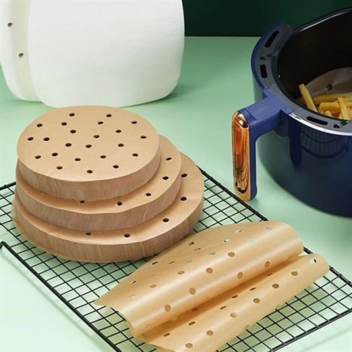 BFS  50 Adet Air Fryer Pişirme Kağıdı Tek Kullanımlık Gıda Pişirme Kağıdı Delikli Yuvarlak Model