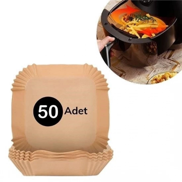 BFS 50 Adet Air Fryer Pişirme Kağıdı Tek Kullanımlık Hava Fritöz Yağ Geçirmez Yapışmaz Kare Tabak Model