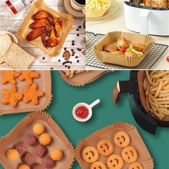 BFS 50 Adet Air Fryer Pişirme Kağıdı Tek Kullanımlık Hava Fritöz Yağ Geçirmez Yapışmaz Kare Tabak Model