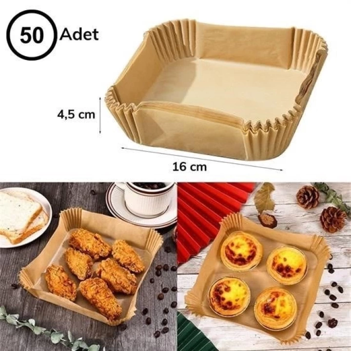 BFS 50 Adet Air Fryer Pişirme Kağıdı Tek Kullanımlık Hava Fritöz Yağ Geçirmez Yapışmaz Kare Tabak Model