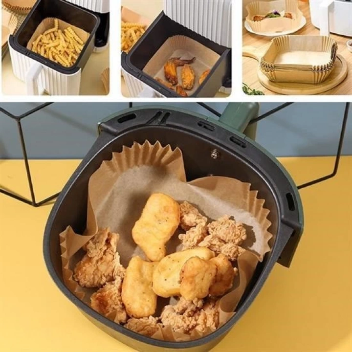 BFS  50 Adet Air Fryer Pişirme Kağıdı Tek Kullanımlık Yağ Geçirmez Yapışmaz Kare Tabak Model PVC