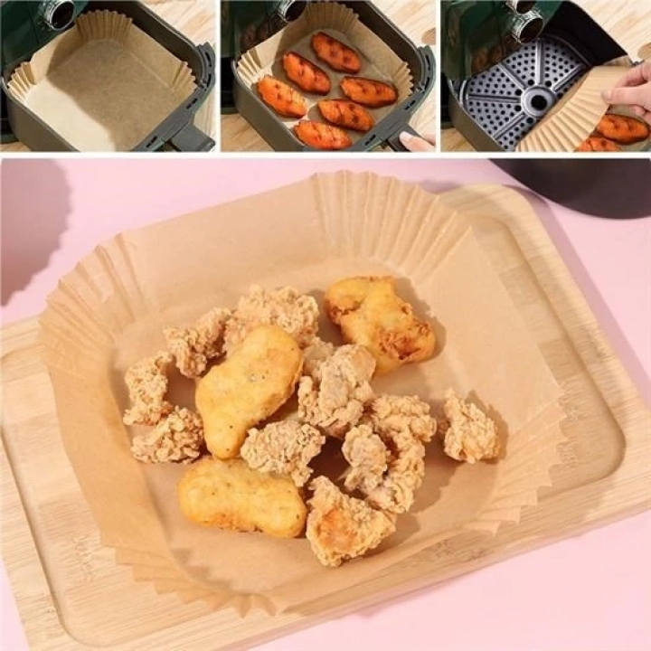 BFS  50 Adet Air Fryer Pişirme Kağıdı Tek Kullanımlık Yağ Geçirmez Yapışmaz Kare Tabak Model PVC