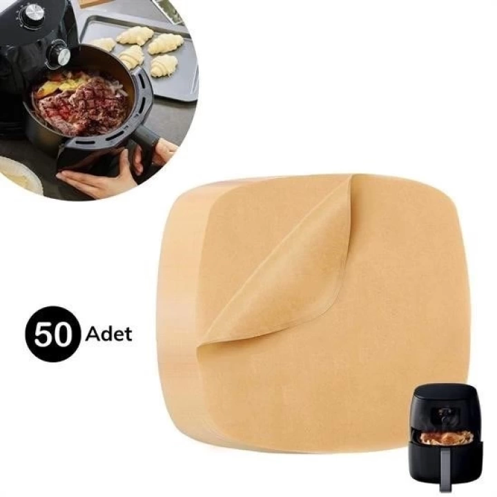 BFS 50 Adet Air Fryer Pişirme Kağıdı Tek Kullanımlık Yağ Su Geçirmez Yapışmaz Deliksiz Düz Kare Model