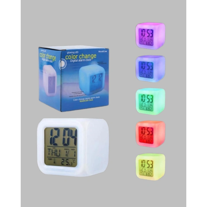 BFS 7 Renk LED Işıklı Alarmlı Dijital Küp Masa Saati Termometreli