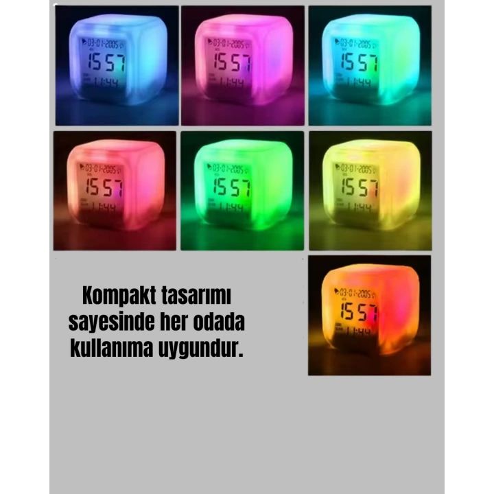BFS 7 Renk LED Işıklı Alarmlı Dijital Küp Masa Saati Termometreli