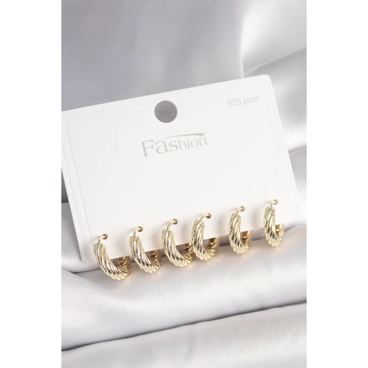 BFS 925 Ayar Gümüş Çivi Pirinç Gold Renk İşlemeli Halka Model Kadın Küpe Seti