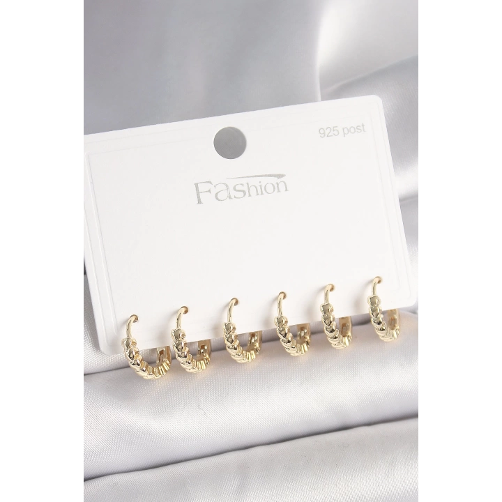 BFS 925 Ayar Gümüş Çivi Pirinç Gold Renk Kalp İşlemeli Halka Model Kadın Küpe Seti