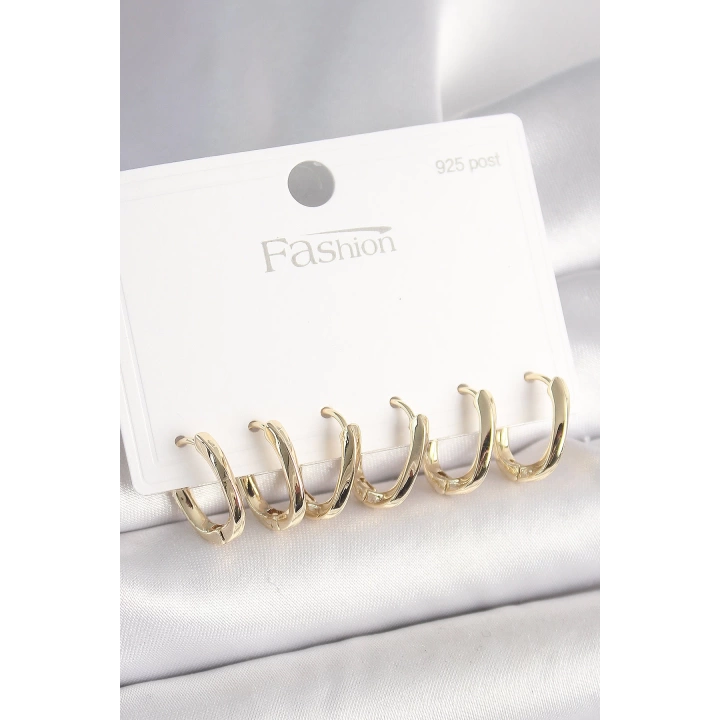 BFS 925 Ayar Gümüş Çivi Pirinç Gold Renk Oval Halka Model Kadın Küpe Seti