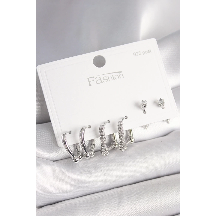 BFS 925 Ayar Gümüş Çivi Pirinç Gümüş Renk Zirkon Taşlı Tiffany Halka Model Kadın Küpe Seti