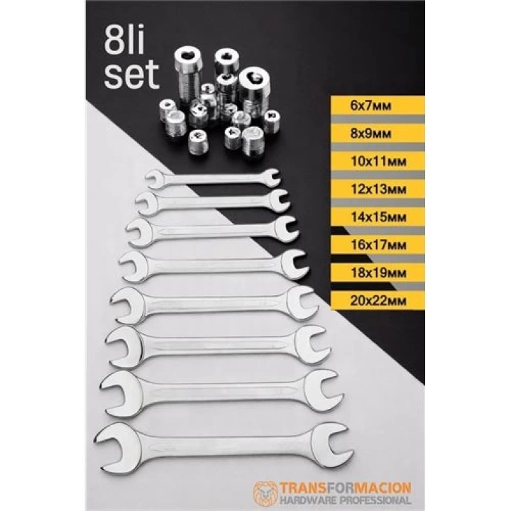 BFS   Açık Uçlu Anahtar Seti - İki Ağızlı Anahtar - İki Ucu Açık Vanadium Çelik Anahtar 8 li SET