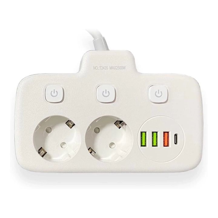 BFS Akım Korumalı 2’li Ayrı Anahtarlı Priz, 2x Priz, 3x Usb, 1x Type-c, 2 Mt Kablo, Hızlı Şarj