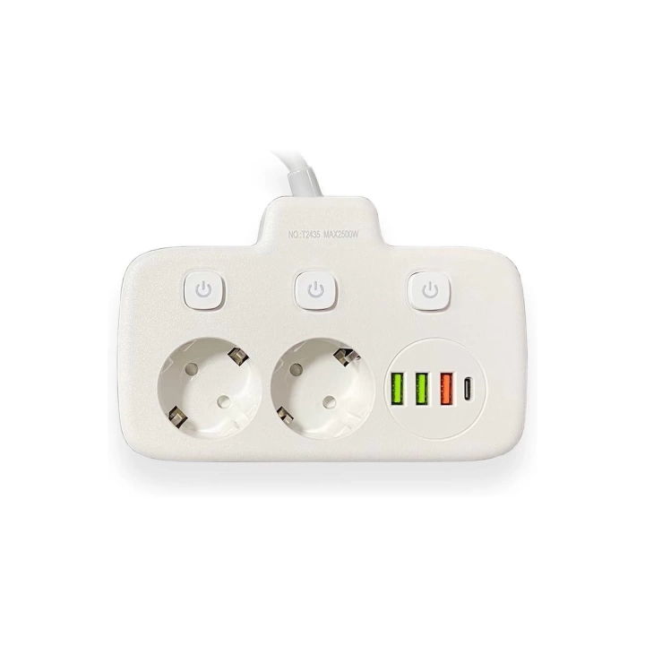 BFS Akım Korumalı 2’li Ayrı Anahtarlı Priz, 2x Priz, 3x Usb, 1x Type-c, 2 Mt Kablo, Hızlı Şarj