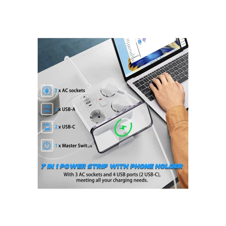 BFS Akım Korumalı Anahtarlı Priz - 3x Priz - 2x Usb - 2x Type-c - 2 Mt Kablo Hızlı Şarj Özellikli Siyah