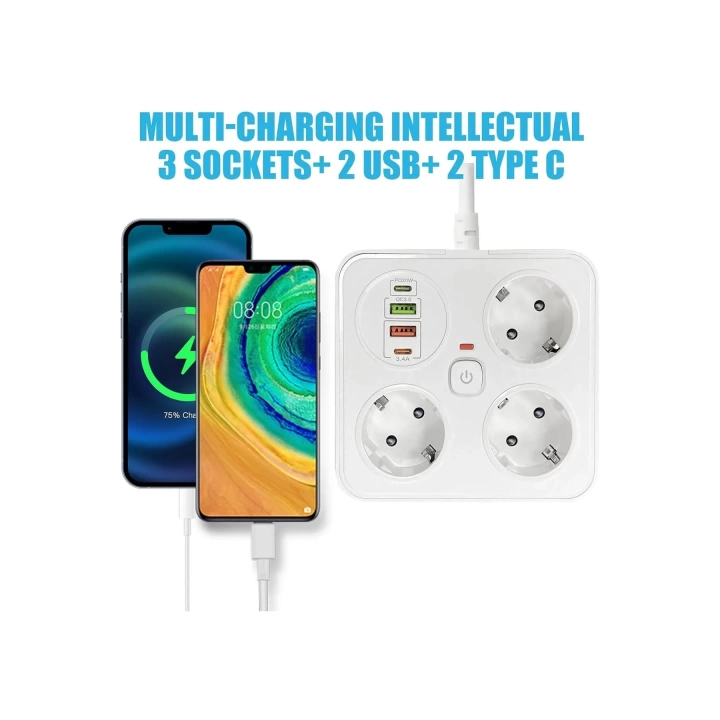 BFS Akım Korumalı Anahtarlı Priz - 3x Priz - 2x Usb - 2x Type-c - 2 Mt Kablo Hızlı Şarj Özellikli Siyah