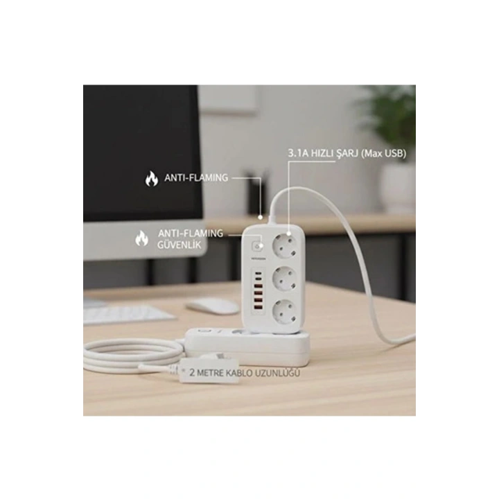 BFS  akım Korumalı Priz Ve Masaüstü Şarj İstasyonu Kablosuz 3 Priz ,4 Usb, 2 Type-c Girişli 2 Metre