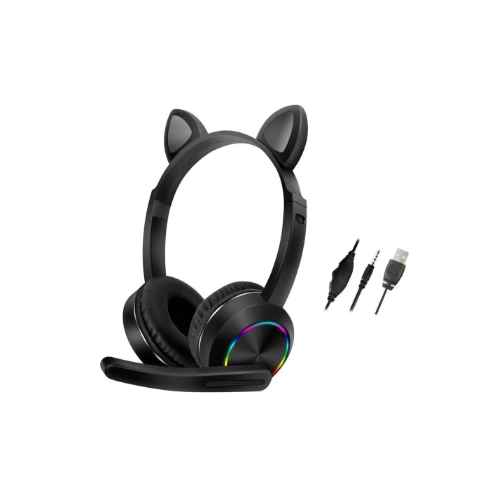BFS  AKZ020 Kafa Üstü Işıklı Kedi Kulaklık - Siyah