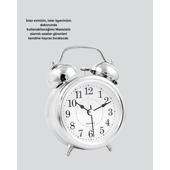 BFS Alarmlı Dekoratif Yuvarlak Masa Saati Gümüş Renk Sessiz ve Işıklı