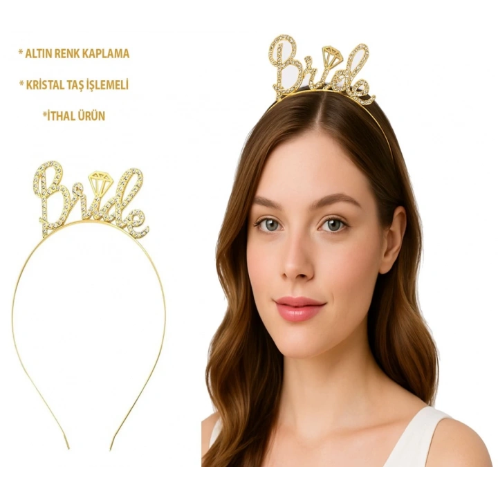 BFS  Altın Renkli Taşlı “Bride” Gelin Tacı – El Yazısı Yazı Tipiyle