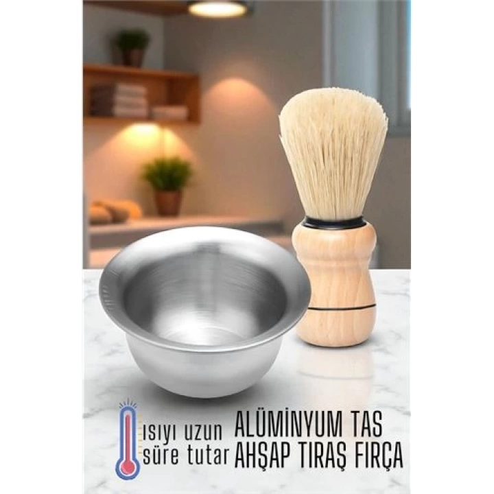 BFS  Alüminyum Tıraş Tası Ahşap Tıraş Fırçası Seti -