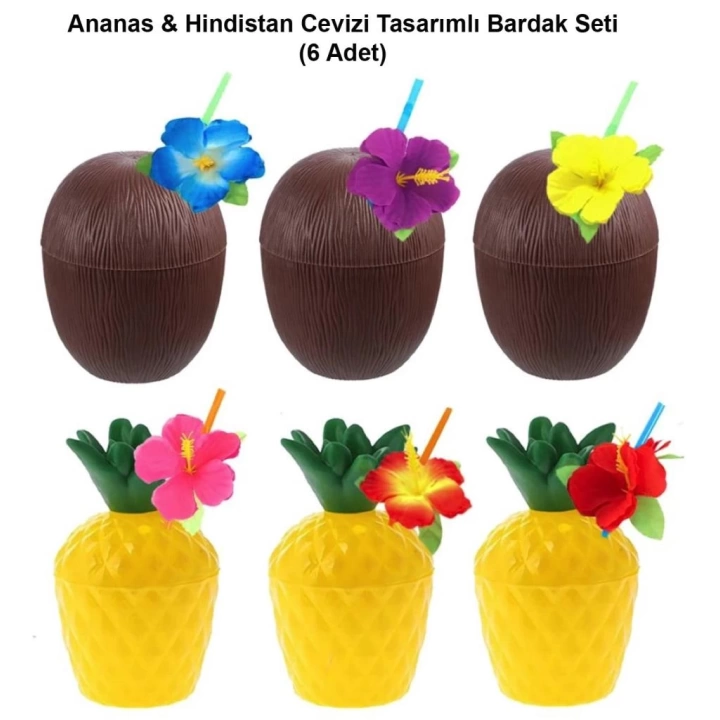 BFS   Ananas &amp; Hindistan Cevizi Tasarımlı Pipetli Bardak Seti (6 Adet)