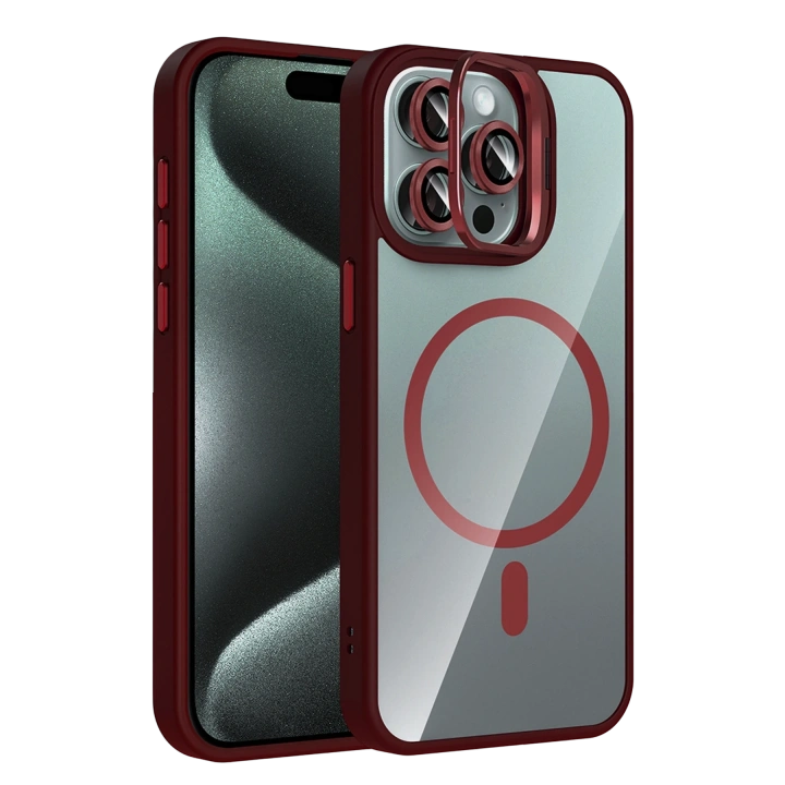 BFS  Apple iPhone 14 Pro Max Remim Lensli Magsafe Standlı Kapak - Bordo