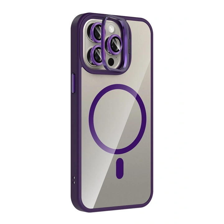 BFS  Apple iPhone 14 Pro Max Remim Lensli Magsafe Standlı Kapak - Derin Mor