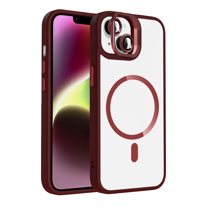 BFS  Apple iPhone 15 Plus Remim Lensli Magsafe Standlı Kapak - Bordo