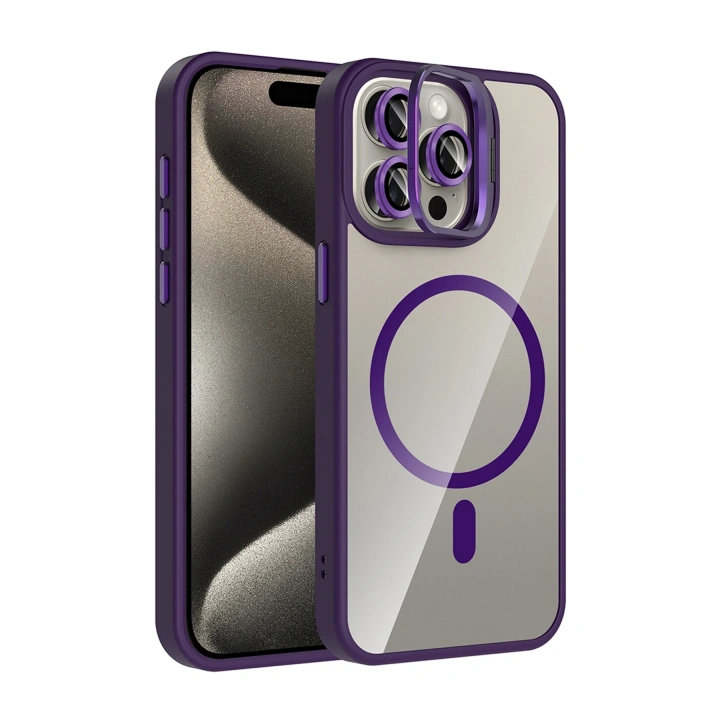 BFS  Apple iPhone 15 Pro Max Remim Lensli Magsafe Standlı Kapak - Derin Mor