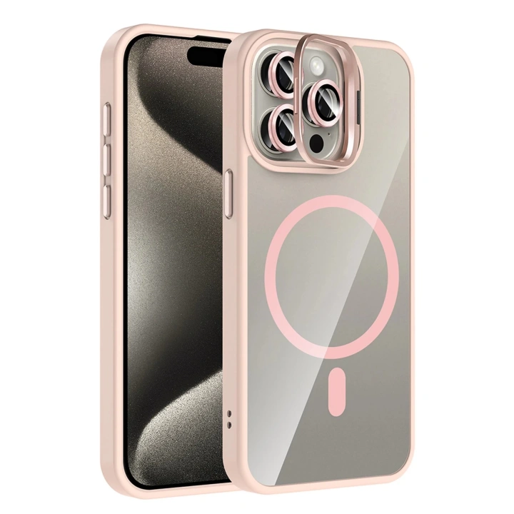 BFS Apple iPhone 15 Pro Max Remim Lensli Magsafe Standlı Kapak - Pembe