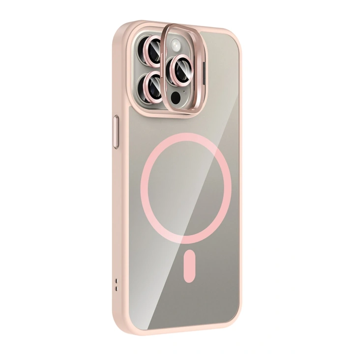 BFS  Apple iPhone 15 Pro Max Remim Lensli Magsafe Standlı Kapak - Pembe