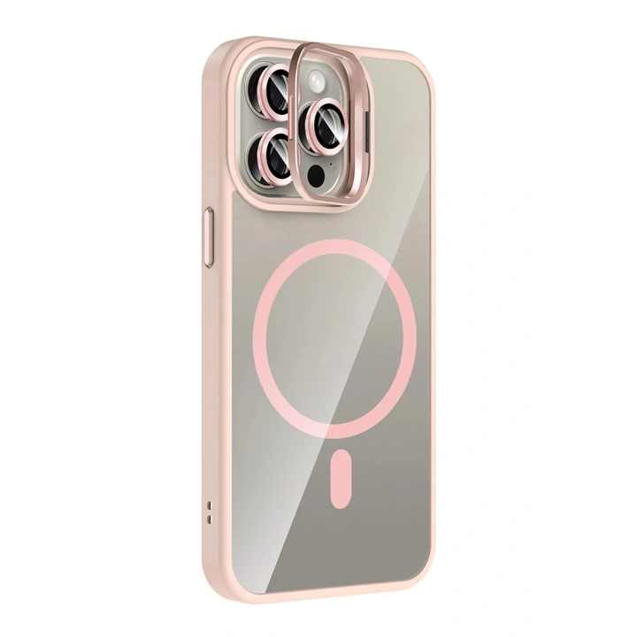 BFS Apple iPhone 15 Pro Max Remim Lensli Magsafe Standlı Kapak - Pembe