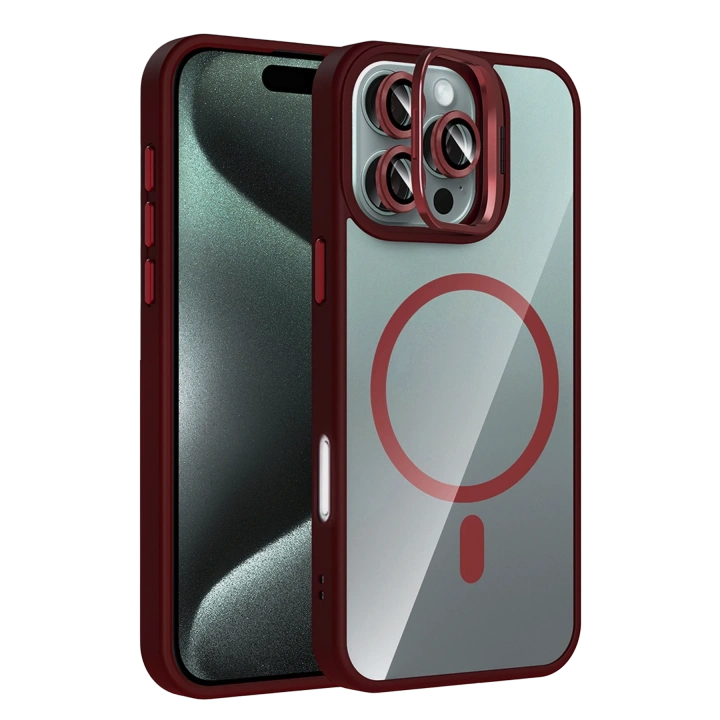 BFS  Apple iPhone 16 Pro Max Remim Lensli Magsafe Standlı Kapak - Bordo