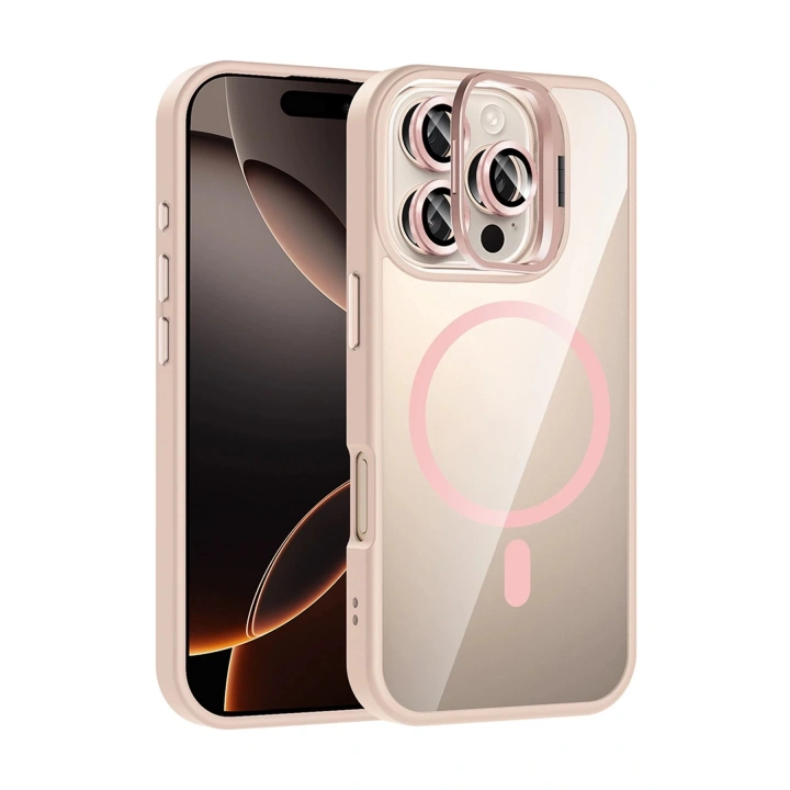 BFS Apple iPhone 16 Pro Max Remim Lensli Magsafe Standlı Kapak - Pembe