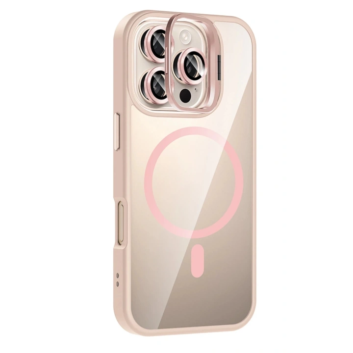 BFS Apple iPhone 16 Pro Max Remim Lensli Magsafe Standlı Kapak - Pembe
